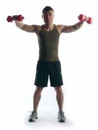 FRONT SHOULDER RAISE / 10-15 REPS With one foot in front of the other, hold the barbells to your sides using an overgrip. Lift barbells up and out until they are level with your shoulders.