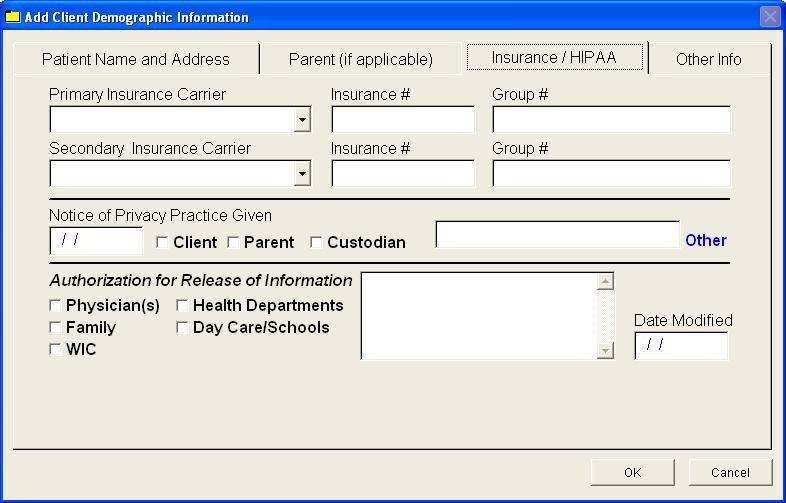 Insurance/HIPAA Enter information regarding