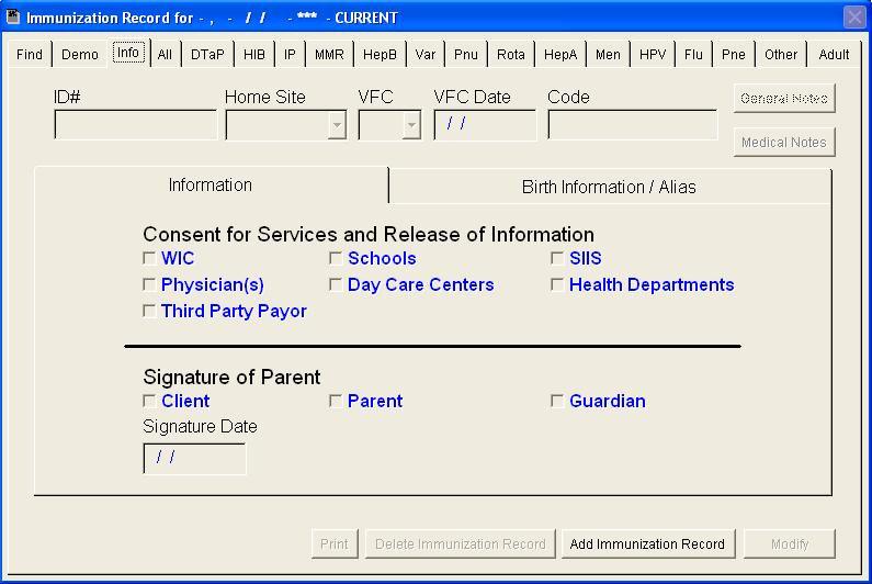 Info Tab Info Tab When you are entering a client for the first time, you will have to give them a Childhood Immunizations record.