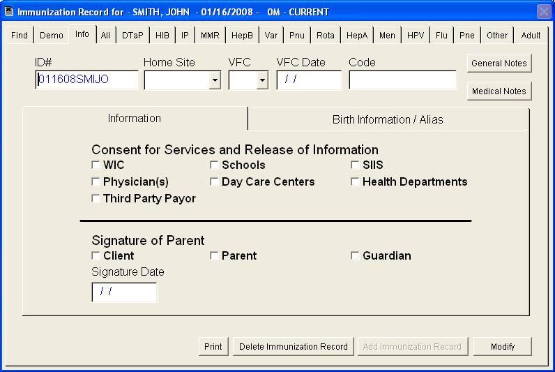 Field/Button ID # Home Site VFC VFC Date Code General Notes Medical Notes Number automatically assigned by the program. It is a combination of birthdate, last and first names.