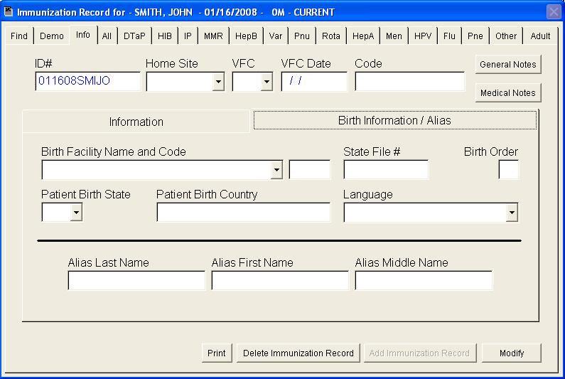Birth Information/Alias This tab allows you to enter the birth and alias information on the client (optional).
