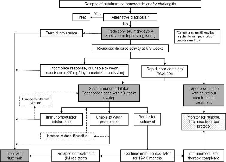 Mayo Clinic treatment algorithm for management of disease relapses for patients with firmly established autoimmune pancreatitis and/or IgG4-related sclerosing cholangitis. Phil A Hart et al.