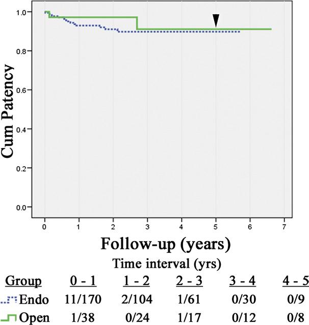 The solid line represents survival in patients treated with open surgical renal artery revascularization and the dashed line represents the survival of patients treated endovascularly.