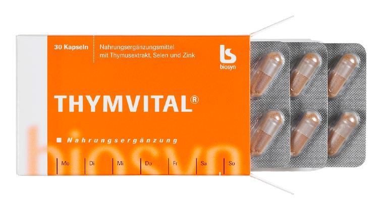 Nutritional supplements THYMVITAL, 30 capsules Ingredients: Thymus extract powder from calves (50%); filling material: microcrystalline cellulose; crystalline silica: shellac; beef gelatin (capsule);