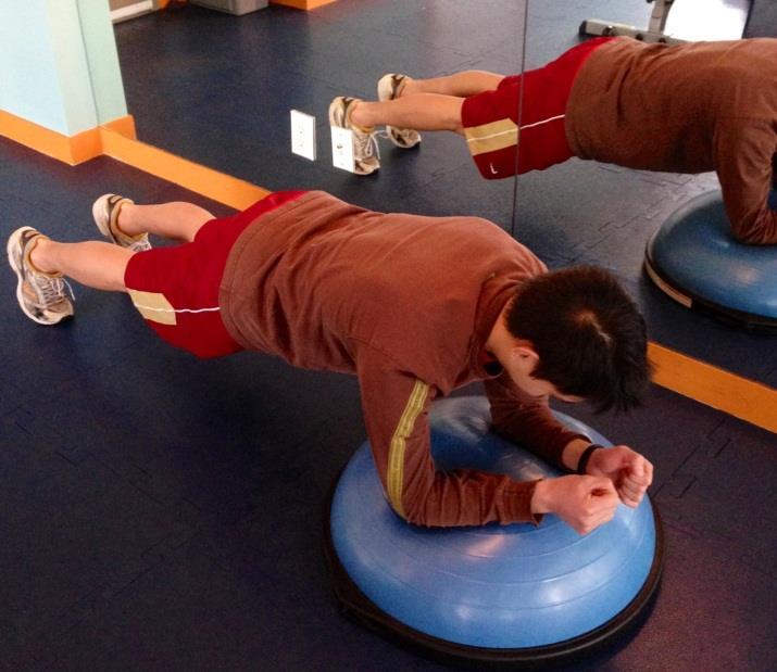 Exercise 2: Forearm Plank Muscles being worked: Core muscles, Deltoids (Shoulders), Gluteus Maximum (Glutes) Instructions: With the dome of the BOSU ball facing up, Rest forearms on top of the dome