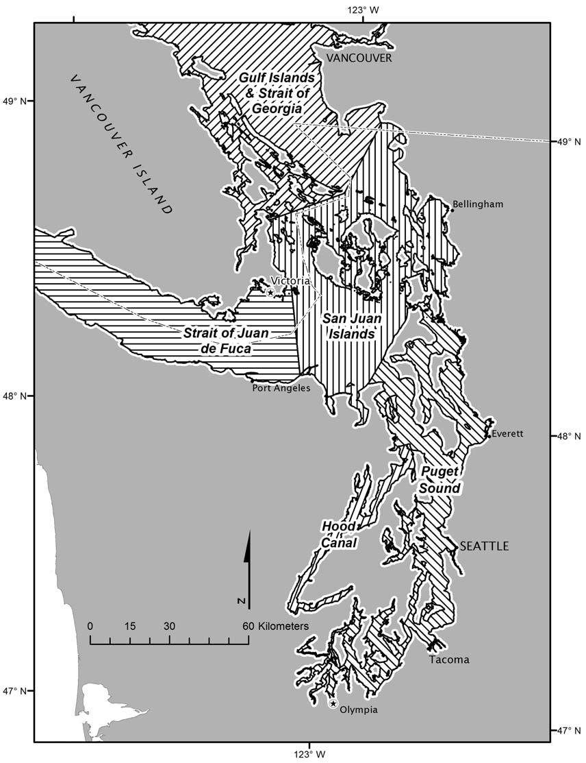 Figure 1. Subareas of the Salish Sea used for analyses of spatial use. The international boundary is shown.
