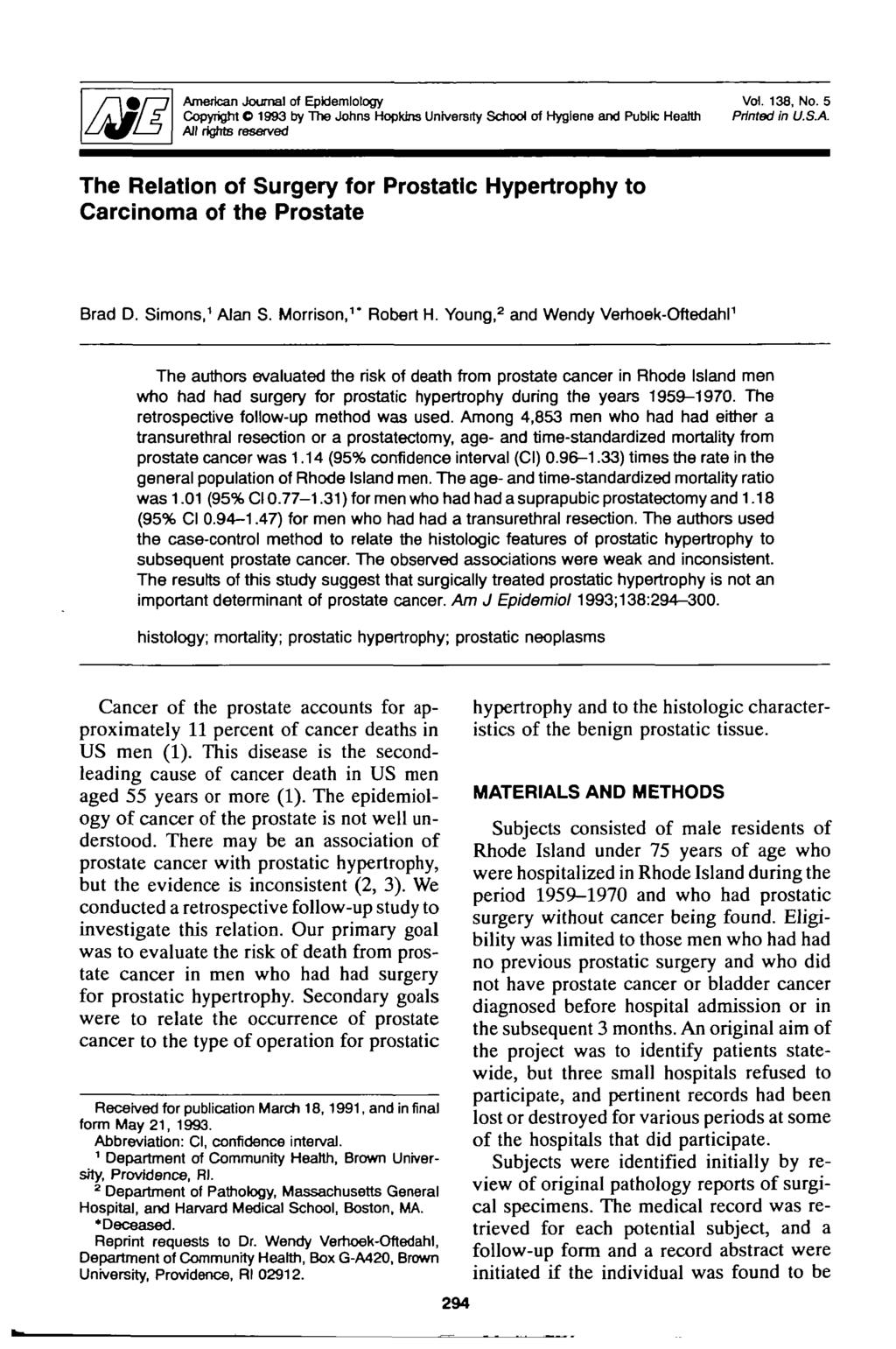American Journal of Epidemiology Vol. 138, No. 5 Copyright C 1993 by The Johns Hopkins University School of Hygiene and Public Health Printed in U.SA.