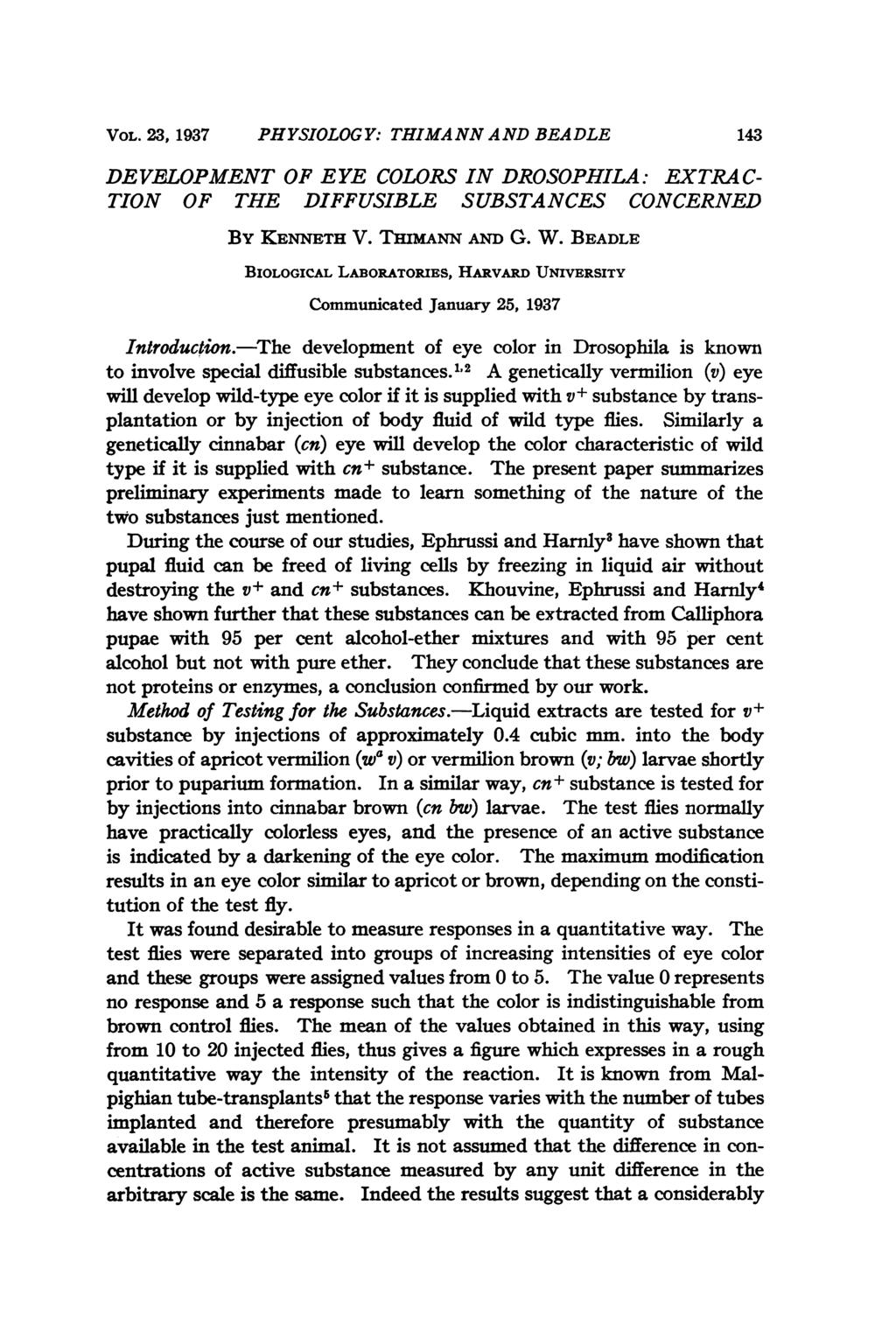 VOL. 23, 1937 PHYSIOLOGY: THIMANN AND BEADLE DEVE)LOPMENT OF EYE COLORS IN DROSOPHILA: EXTRA C- TION OF THE DIFFUSIBLE SUBSTANCES CONCERNED By KENNETH V. THIMANN AND G. W.