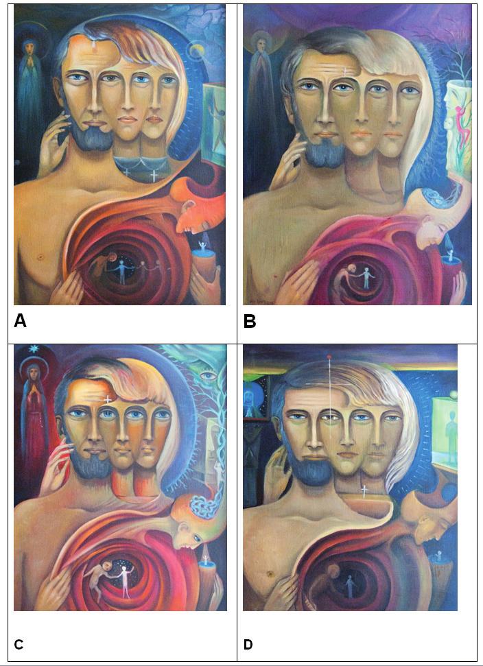 Fig. 3. WW s paintings: perseverated three heads Source: Private Collection of Prof. Maria Pachalska s Scientific Library case of the other, various elements emerge from within.