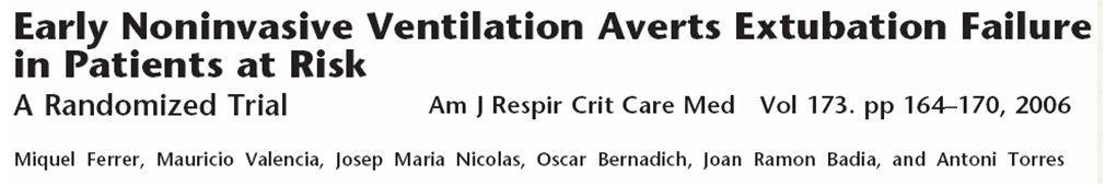 Successful weaning trial (36% COPD or chronic bronchitis) Risk factors for RF after extubation % 3 2 1 Extubation failure 4 p=.22 n=13 NIV n=27 Control % p=.