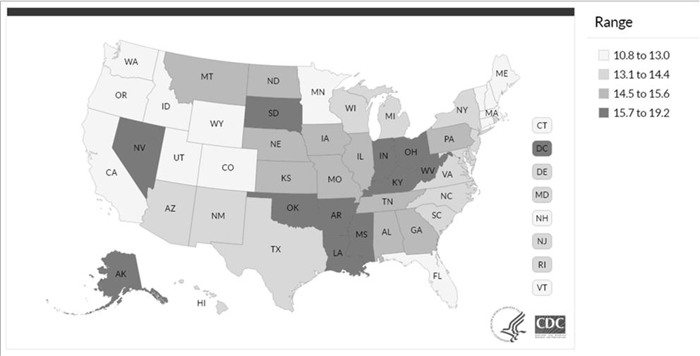 Colorectal Cancer Mortality Rates in US, by State, BRFSS 2014 *Rates are per 100,000 and are age-adjusted to the 2000 U.S. standard population. Source: U.S. Cancer Statistics Working Group.