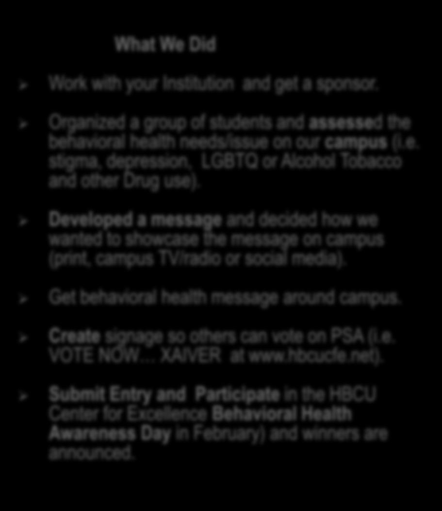 What We Did Work with your Institution and get a sponsor. Organized a group of students and assessed the behavioral health needs/issue on our campus (i.e. stigma, depression, LGBTQ or Alcohol Tobacco and other Drug use).