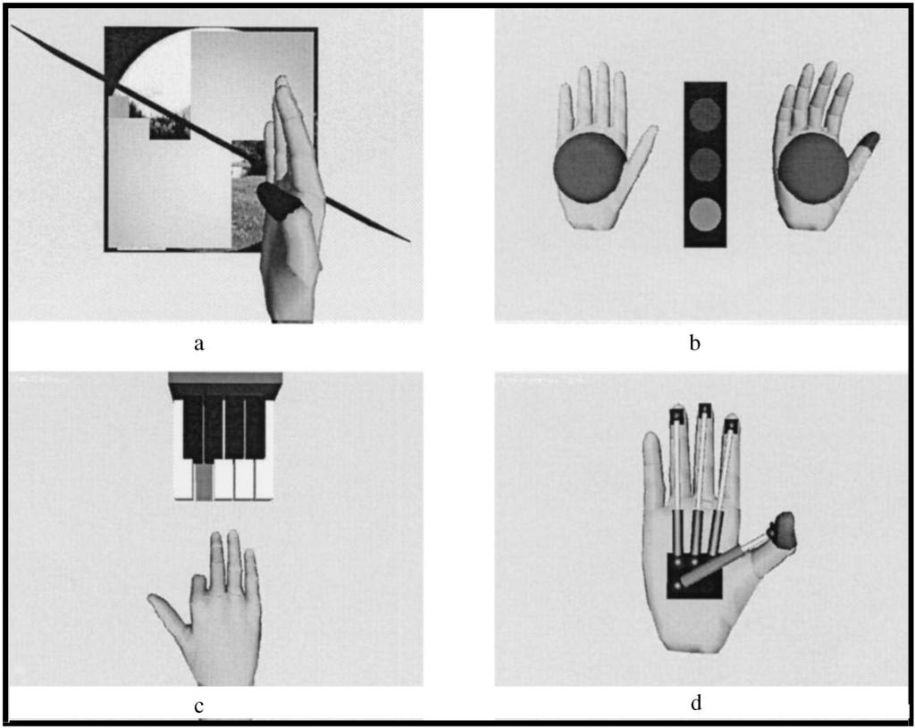 Figure 2. The 4 virtual reality exercises: (a) range of movement, (b) speed of movement, (c) finger fractionation, and (d) strength of movement. 19 Association for Computing Machinery (ACM).