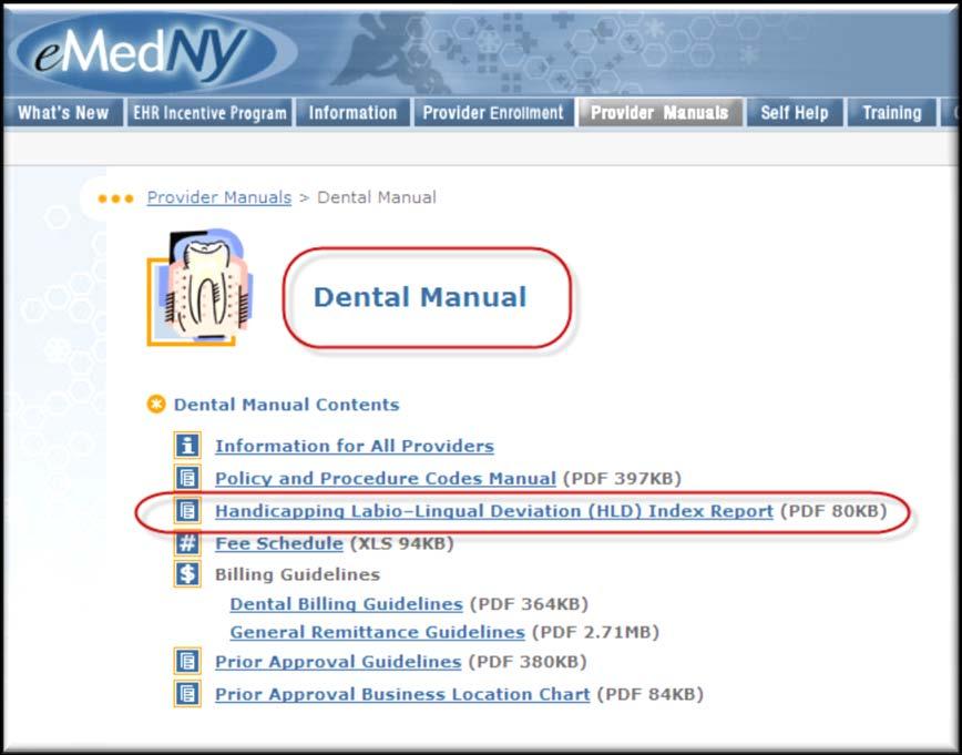 The Dental Provider Manual, as well as the HLD Index Report, are also