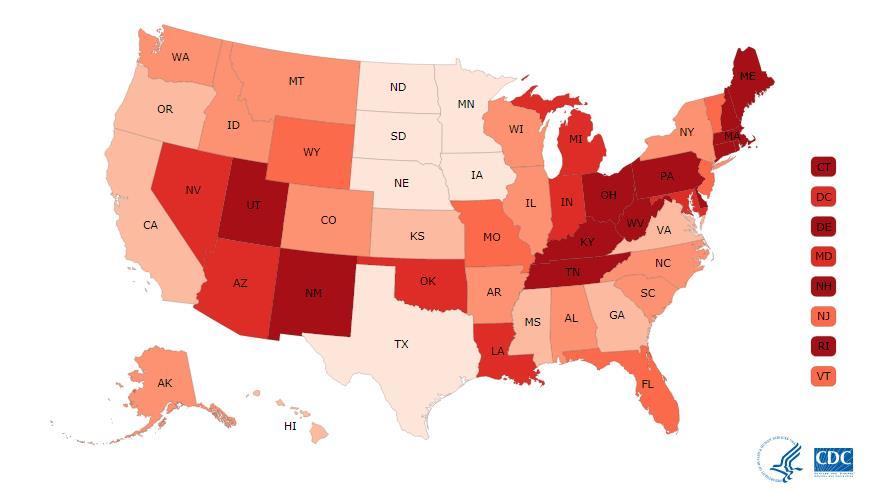 2 Age-Adjusted Rates of Drug Overdose Deaths by State, US 2015