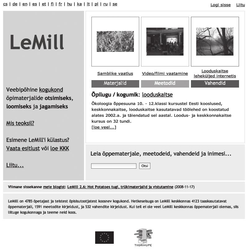 Digitaalsed õppematerjalid 63 Joonis 3.3. LeMill keskkonna avaleht LeMill keskkonna loomise käigus viidi läbi disainisessioonid õpetajatega erinevate Euroopa maades (Eesti, Soome, Ungari, Norra).