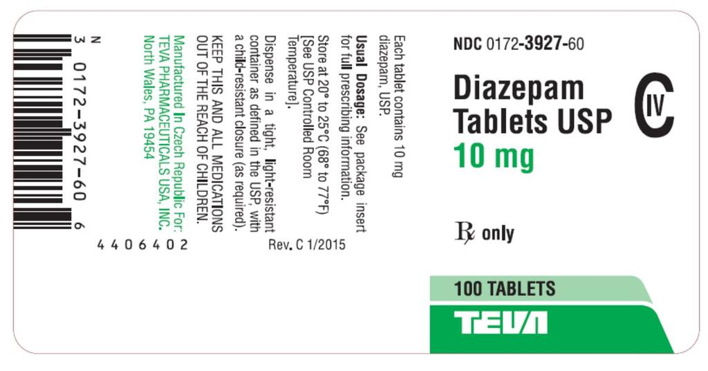 Diazepam Tablets USP 10 mg CIV 100s Label Text NDC 0172-3927-60 Diazepam Tablets USP 10 mg CIV Rx only 100 TABLETS TEVA DIAZEPAM diazepam tablet Product Information Prod uct T yp e HUMAN PRESCRIPTION