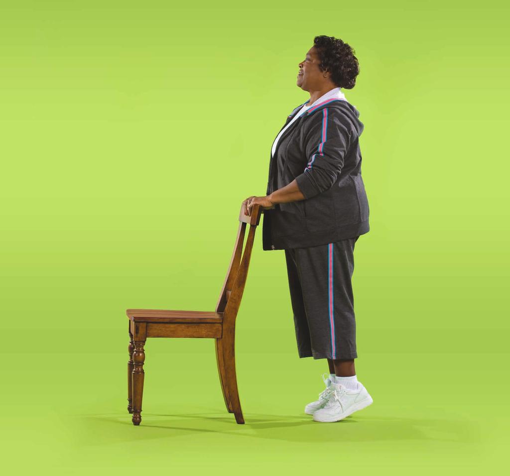 Toe Stand 1 Stand behind a sturdy chair, feet shoulder-width apart, holding on for balance. 2 Slowly stand on tiptoes as high as possible. 3 Hold the position for 1 second.