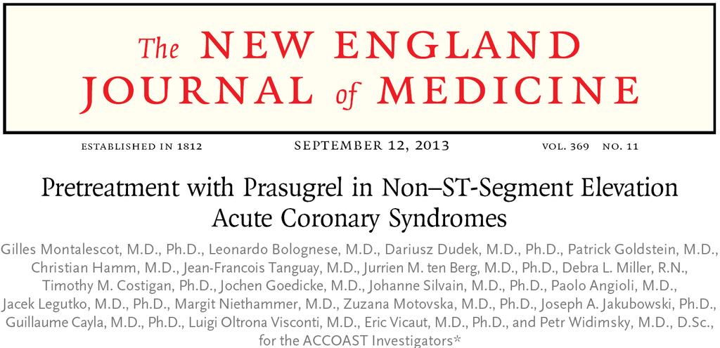 4033 patients SCA ST-, tropo + Prasugrel en dose de charge versus après coronarographie