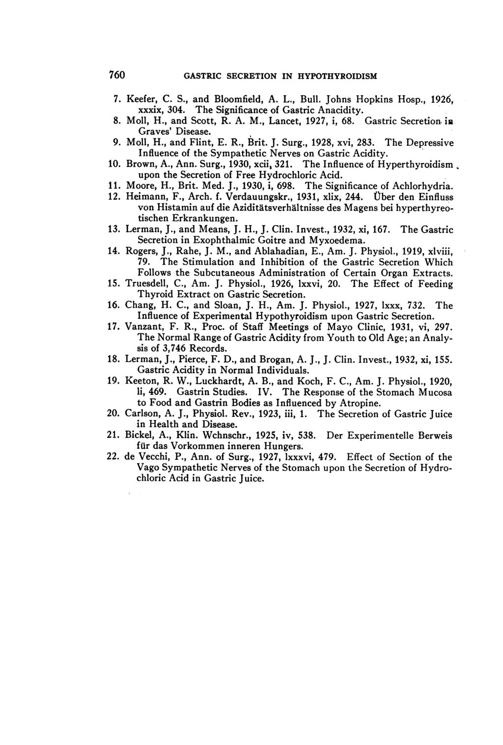 760 GASTRIC SECRETION IN HYPOTHYROIDISM 7. Keefer, C. S., and Bloomfield, A. L., Bull. Johns Hopkins Hosp., 1926, xxxix, 304. The Significance of Gastric Anacidity. 8. Moll, H., and Scott, R. A. M., Lancet, 1927, i, 68.