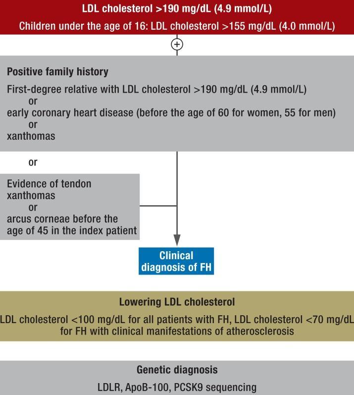 Familial hypercholesterolemia (FH) is characterized by raised serum LDL cholesterol levels, which result in excess deposition of cholesterol in tissues, leading to accelerated atherosclerosis and