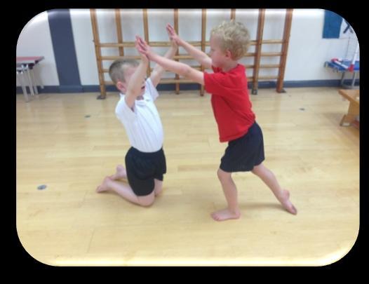 Place low apparatus and mats around the room. Children work with a new partner taking turns to lead their partner under, over and through different pieces of apparatus.