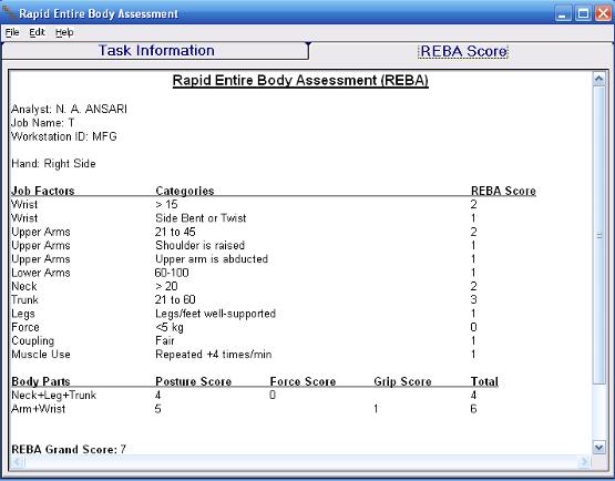 The snapshots were analyzed to fill the scores in RULA and REBA; score sheets (appendix).
