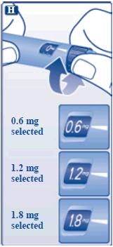 Select your dose Always check that the pointer lines up with 0 mg. H. Turn the dose selector until your required dose lines up with the pointer (0.6 mg, 1.2 mg or 1.8 mg).