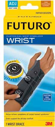 WRIST & HAND SUPPORTS Custom Dial Wrist Stabiliser FIRM STABILISING Use for: Tendonitis, Carpal Tunnel Syndrome, Arthritis Two adjustable dials provide customised fit and stabilisation Lacing system