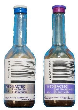 Blood or Sterile Body Fluids Transport Set (Aerobic & Anaerobic bottles for Bacteria and Yeast) Two (2) BD BACTEC bottles (blue & purple caps) containing liquid broth or detergent to be used as a