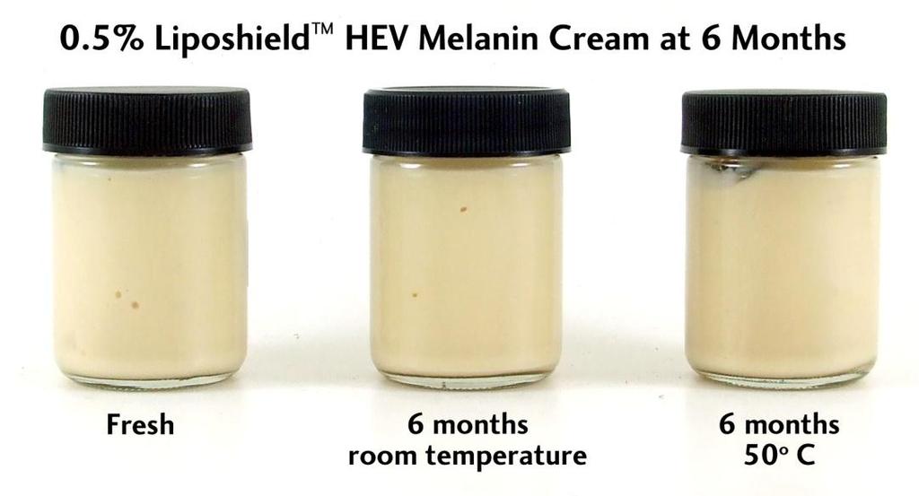 Stability in Formulations Liposhield HEV Melanin is stable in formulations, under UV