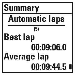 The number of automatic laps and the best and average duration of an automatic lap. Press START for more details.