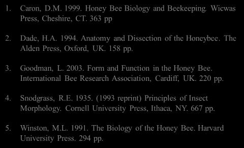 Additional Reading: 1. Caron, D.M. 1999. Honey Bee Biology and Beekeeping. Wicwas Press, Cheshire, CT. 363 pp 2. Dade, H.A. 1994. Anatomy and Dissection of the Honeybee. The Alden Press, Oxford, UK.