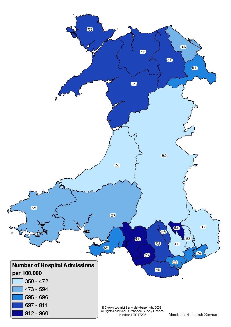 Map 1: Number of drug and alcohol related hospital admissions per 100,000, by local authority in 2007-08 (a) Source: Health Solutions Wales and Members Research Service calculations (a) Rates have