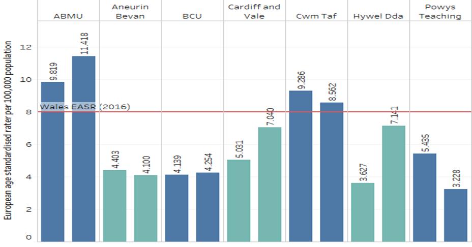 6 per 100,000 population as shown in Chart 46 (upper graph). ABMU and Cwm Taf health board areas both had higher rates than the Wales average.