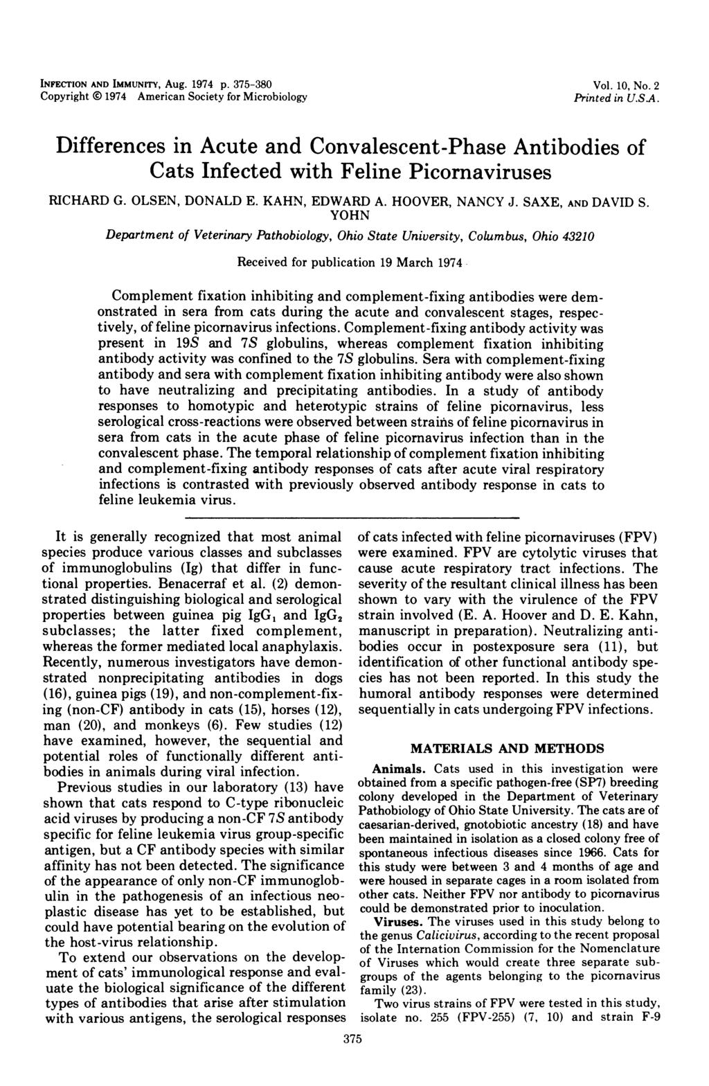 INFECTION AND IMMUNITY, Aug. 1974 p. 375-380 Copyright 0 1974 American Society for Microbiology Vol. 10, No. 2 Printed in U.SA.