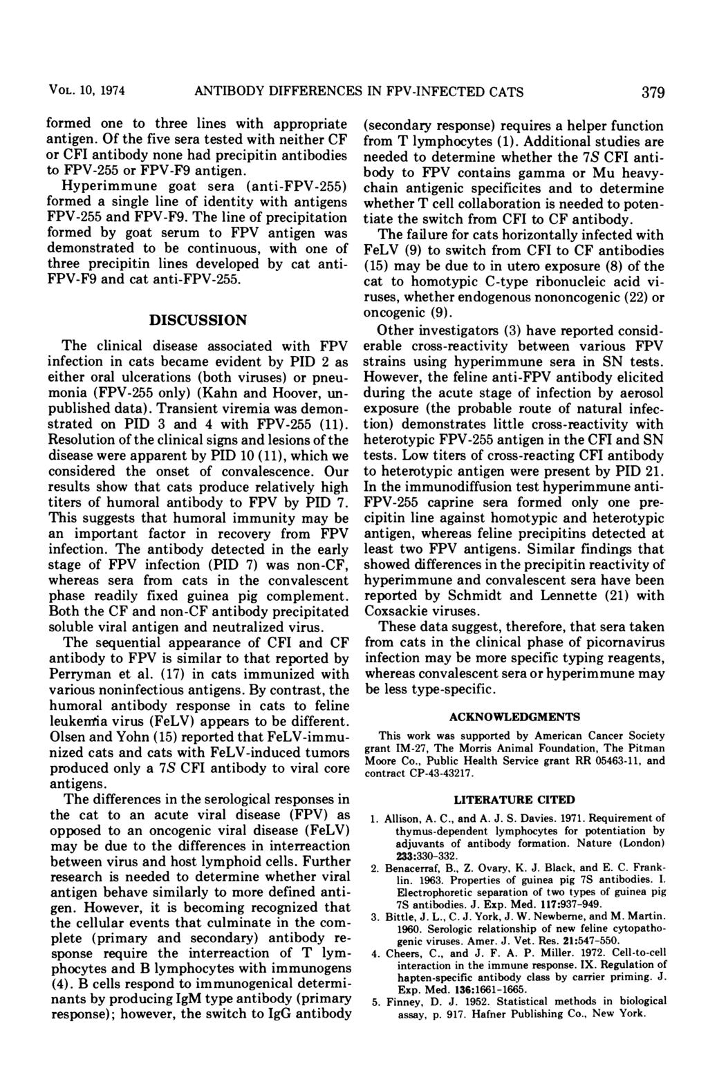 VOL. 10, 1974 ANTIBODY DIFFERENCES IN FPV-INFECTED CATS 379 formed one to three lines with appropriate antigen.