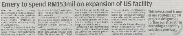 Publication: The Star Section: Business and Online Date: 12 Oct 2012 Page: 8 M'sian headquartered Emery to spend RM153mil on expansion of US facility Summary : Emery