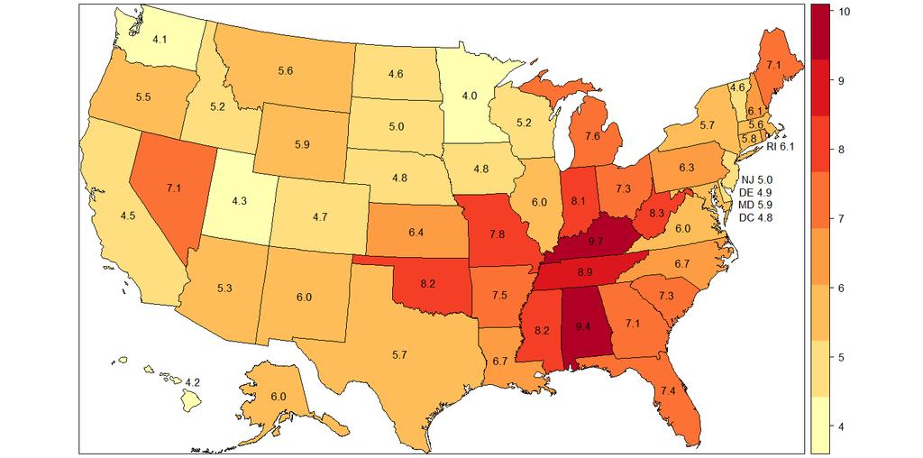Figure 8: COPD - Age-Adjusted Prevalence (%) in Adults by State, 2011 (1,2) Source: Centers for Disease Control and Prevention. National Center for Health Statistics.