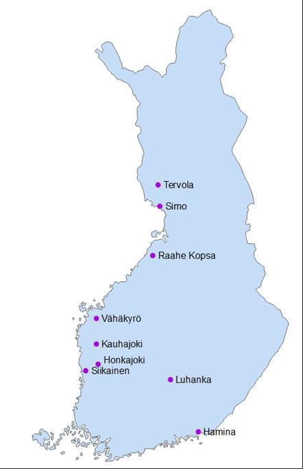 Study areas Areas 1 5: Hamina, Honkajoki, Vähäkyrö, Simo, Tervola nominal output of individual turbines 2.0-4.5 MW average distances between the residential buildings and the closest turbine were 1.