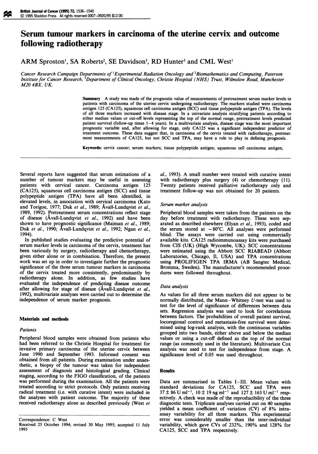 British Journal of Cancer (1995) 72, 1536-154 r) 1995 Stockton Press All rights reserved 7-92/95 $12.
