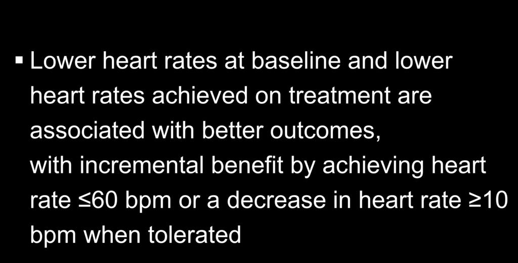 Clinical implications Lower heart rates at baseline and lower heart rates achieved on treatment are associated with