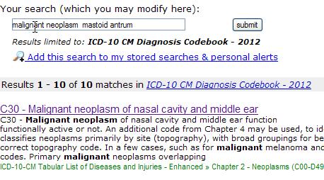 Approximate Match Malignant neoplasm of mastoid antrum ICD 9 CM 160.