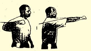 5. Standing Forward Punch Attach the theraband at waist level in the door jamb. Facing away from the door, stand in a boxing position with one leg ahead of the other (stride position).