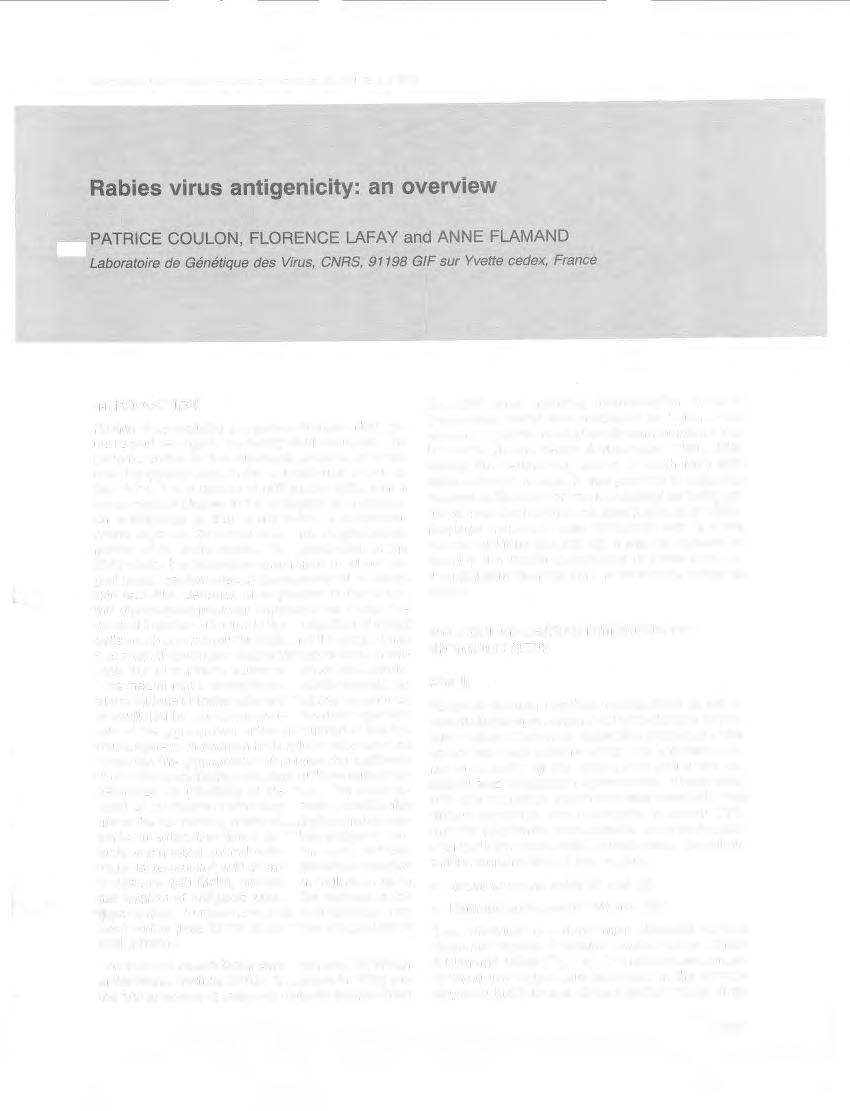 Onderstepoort Journal of Veterinary Research, 60:271-275 (1993) Rabies virus antigenicity: an overview PATRICE COULON, FLORENCE LAFAY and ANNE FLAMAND Laboratoire de Genetique des Virus, CNRS, 91198