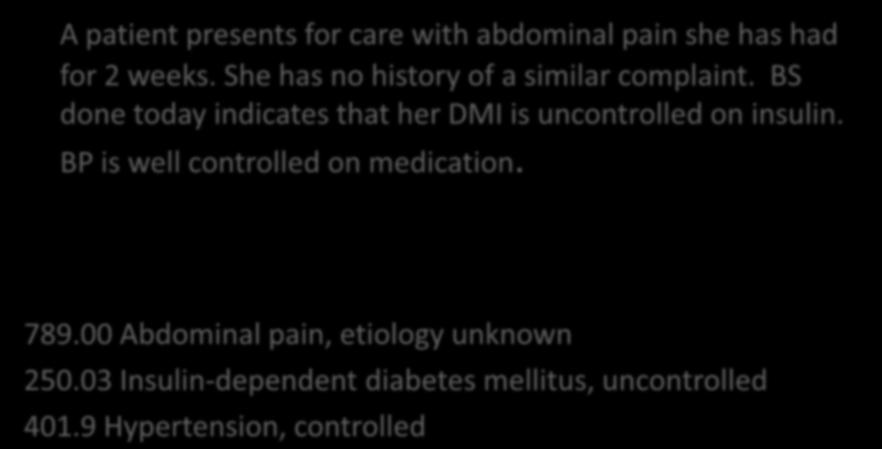 Clinical Example A patient presents for care with abdominal pain she has had for 2 weeks. She has no history of a similar complaint.