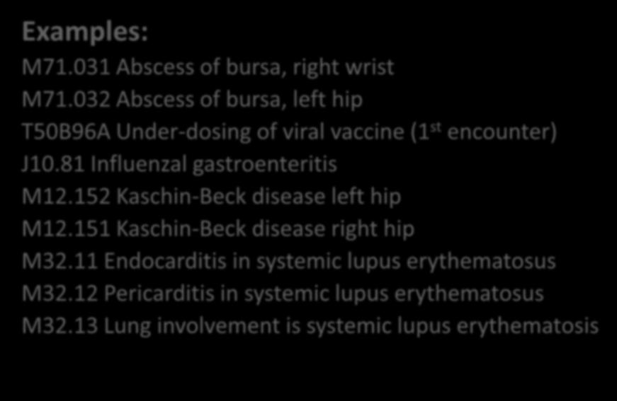 Examples of ICD-10 codes Examples: M71.031 Abscess of bursa, right wrist M71.032 Abscess of bursa, left hip T50B96A Under-dosing of viral vaccine (1 st encounter) J10.