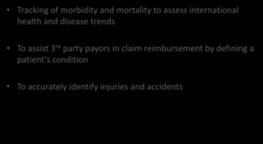 Reason for ICD-9 Tracking of morbidity and mortality to assess international health and disease trends To assist 3 rd
