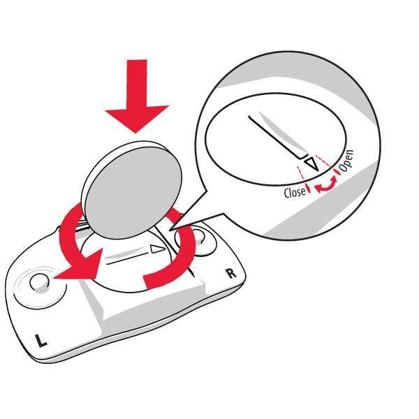 1. Using a coin, open the battery cover by turning it counterclockwise to OPEN. 2. Insert the battery (CR 2025) inside the cover with the positive (+) side against the cover.