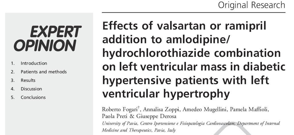 R. Fogari et al Expert Opin. Pharmacotherapy. (212) 13(8):191-199 Triple therapy in hypertensive, diabetic patients with LVH over one year + Valsartan16 mg + Valsartan32 mg Amlodipine 1 mg + HCTZ 12.